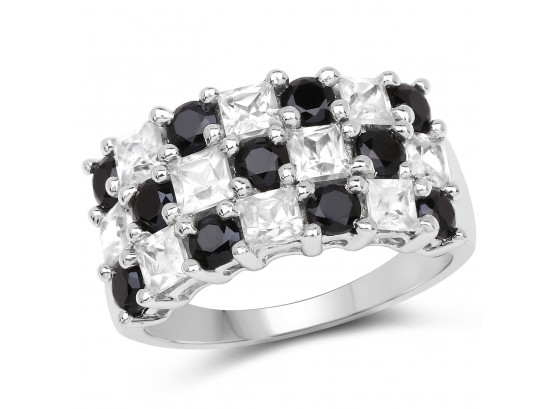 3.23 Carat Genuine White Topaz And Black Spinel .925 Sterling Silver Ring