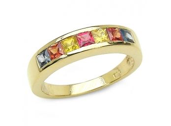 14K Yellow Gold Plated 1.26 Carat Genuine Multi Sapphire .925 Sterling Silver Ring
