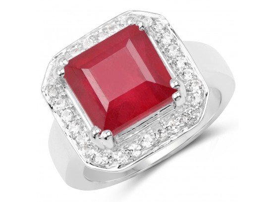 6.36 Carat Ruby And White Topaz .925 Sterling Silver Ring