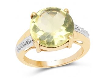 14K Yellow Gold Plated 9.26 Carat Genuine Lemon Topaz Buff Top And White Diamond Brass Ring- DO NOT USE