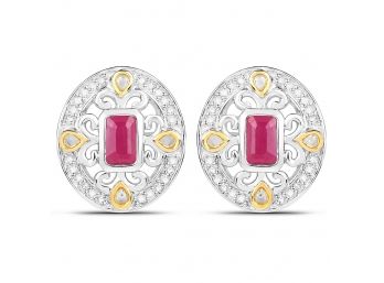 0.77 Carat Genuine Ruby And White Diamond .925 Sterling Silver Earrings