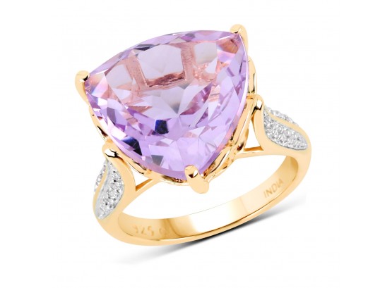 14K Yellow Gold Plated 10.44 Carat Genuine Pink Amethyst And White Topaz .925 Sterling Silver Ring