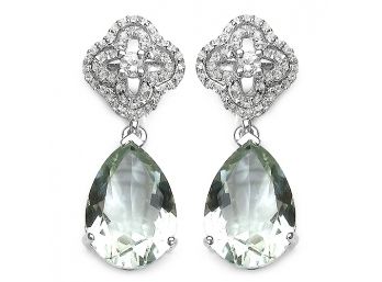 9.14 Carat Genuine Green Amethyst And White Topaz .925 Sterling Silver Earrings