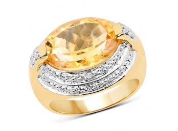14K Yellow Gold Plated 5.06 Carat Genuine Citrine & White Diamond .925 Sterling Silver Ring