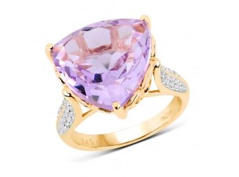 14K Yellow Gold Plated 10.44 Carat Genuine Pink Amethyst And White Topaz .925 Sterling Silver Ring