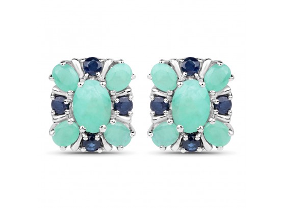 2.90 Carat Genuine Emerald And Blue Sapphire .925 Sterling Silver Earrings