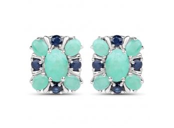 2.90 Carat Genuine Emerald And Blue Sapphire .925 Sterling Silver Earrings
