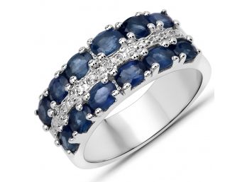 2.41 Carat Genuine Blue Sapphire And White Diamond .925 Sterling Silver Ring