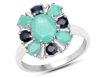 2.09 Carat Genuine Emerald And Blue Sapphire .925 Sterling Silver Ring