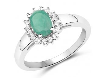 0.89 Carat Genuine Emerald And White Topaz .925 Sterling Silver Ring, Size 7.00