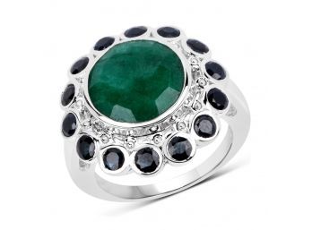 6.88 Carat Emerald & Blue Sapphire .925 Sterling Silver Ring