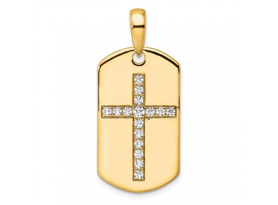 14K Yellow Gold 1/2 Carat Diamond Cross Dog Tag Pendant