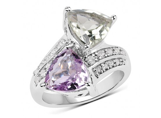 5.00 Carat Genuine Pink Amethyst, Green Amethyst And White Topaz .925 Sterling Silver Ring