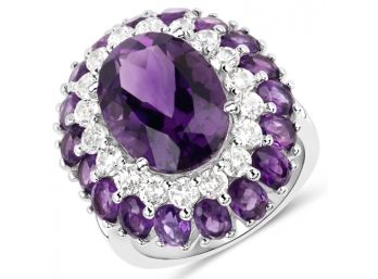 10.02 Carat Genuine Amethyst And White Topaz .925 Sterling Silver Ring
