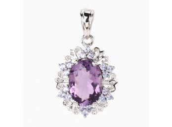 18K White Gold Plated 5.83 Carat Genuine Amethyst And Tanzanite .925 Sterling Silver Pendant