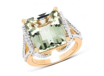 14K Yellow Gold Plated 9.06 Carat Genuine Green Amethyst And White Topaz .925 Sterling Silver Ring