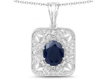 3.55 Carat Genuine Blue Sapphire And White Diamond .925 Sterling Silver Pendant