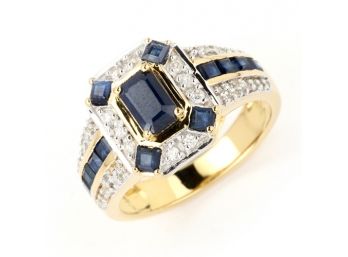 1.94 Carat Genuine Blue Sapphire And White Zircon .925 Sterling Silver Ring