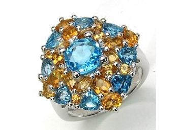 5.48 Carat Genuine Swiss Blue Topaz And Citrine .925 Sterling Silver Ring
