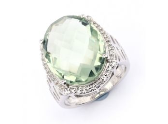 15.71 Carat Genuine Green Amethyst And White Topaz .925 Sterling Silver Ring