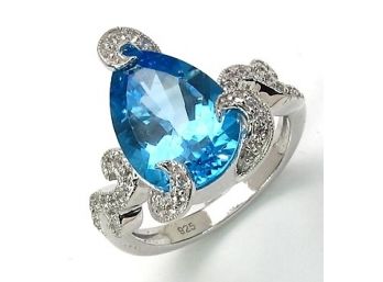 5.72 Carat Genuine Swiss Blue Topaz And White Topaz .925 Sterling Silver Ring