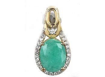 1.81 Carat Genuine Emerald And White Zircon .925 Sterling Silver Pendant, Includes 18' Chain