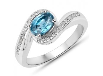 1.29 Carat Genuine Blue Zircon And White Topaz .925 Sterling Silver Ring