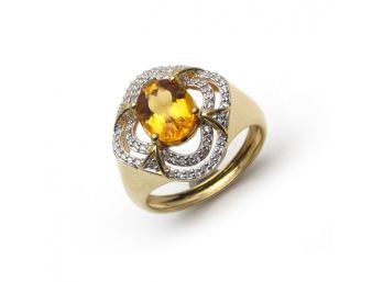 1.77 Carat Genuine Yellow Beryl And White Zircon .925 Sterling Silver Ring