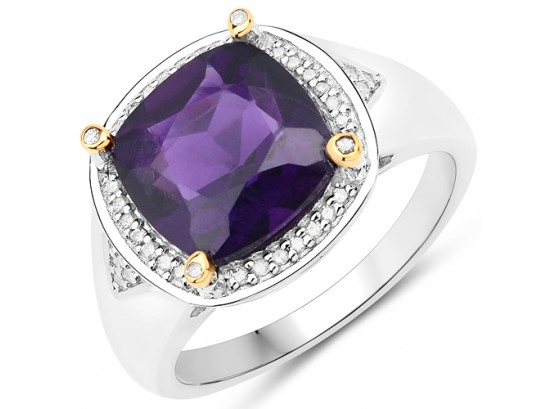 3.20 Carat Genuine Amethyst And White Diamond 14K Yellow Gold With .925 Sterling Silver Ring