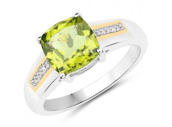 2.18 Carat Genuine Peridot And White Diamond 14K Yellow Gold With .925 Sterling Silver Ring