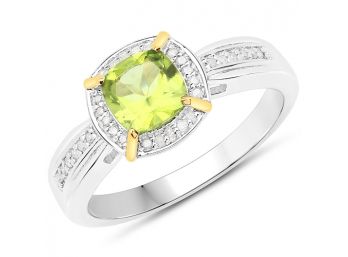 1.10 Carat Genuine Peridot And White Diamond 14K Yellow Gold With .925 Sterling Silver Ring