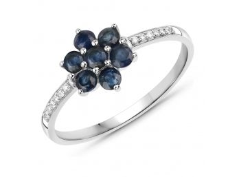 0.60 Carat Genuine Blue Sapphire And White Diamond 14K White Gold Ring