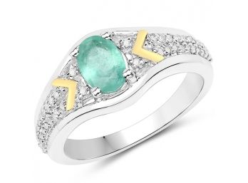 0.84 Carat Genuine Zambian Emerald And White Diamond 14K Yellow Gold With .925 Sterling Silver Ring