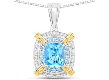 2.62 Carat Genuine Swiss Blue Topaz And White Diamond 14kt Gold And .925 Sterling Silver Pendant