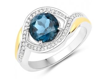 2.38 Carat Genuine London Blue Topaz And White Diamond 14K Yellow Gold With .925 Sterling Silver Ring