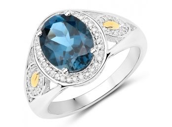 2.70 Carat Genuine London Blue Topaz And White Diamond 14K Yellow Gold With .925 Sterling Silver Ring