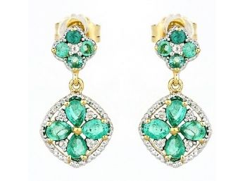 1.51 Carat Genuine Zambian Emerald And White Topaz .925 Sterling Silver Earrings
