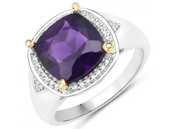 3.20 Carat Genuine Amethyst And White Diamond 14K Yellow Gold With .925 Sterling Silver Ring