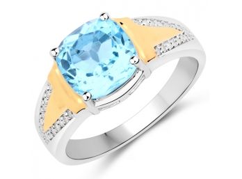 2.74 Carat Genuine Swiss Blue Topaz And White Diamond .925 Sterling Silver Ring