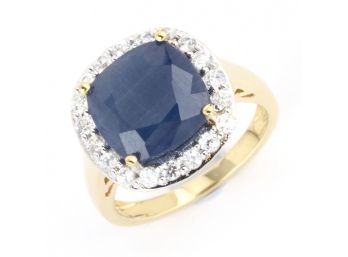 8.55 Carat Genuine Blue Sapphire And White Zircon .925 Sterling Silver Ring