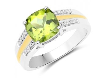 2.20 Carat Genuine Peridot And White Diamond 14K Yellow Gold With .925 Sterling Silver Ring