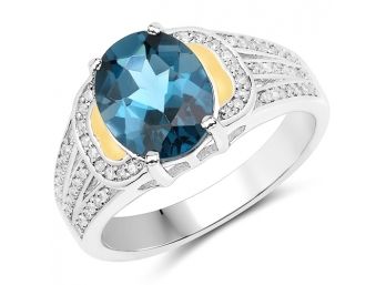 2.71 Carat Genuine London Blue Topaz And White Diamond 14K Yellow Gold With .925 Sterling Silver Ring