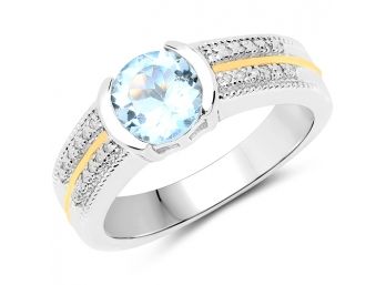 1.37 Carat Genuine Aquamarine And White Diamond 14K Yellow Gold With .925 Sterling Silver Ring