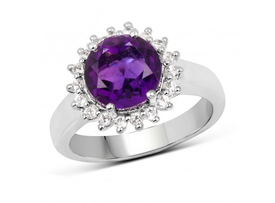 2.80 Carat Genuine Amethyst And White Topaz .925 Sterling Silver Ring