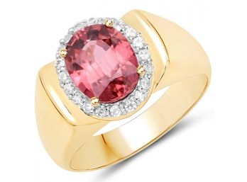14K Yellow Gold Plated 2.90 Carat Genuine Pink Zircon And White Zircon .925 Sterling Silver Ring
