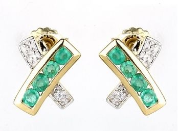 0.58 Carat Genuine Zambian Emerald And White Zircon .925 Sterling Silver Earrings