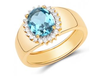 2.22 Carat Genuine Swiss Blue Topaz And White Zircon .925 Sterling Silver Ring