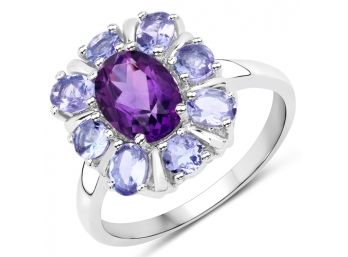 2.23 Carat Genuine Amethyst And Tanzanite .925 Sterling Silver Ring
