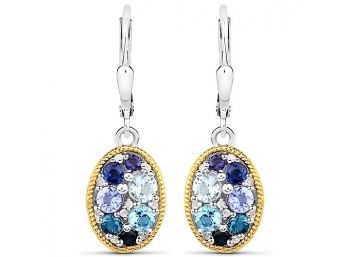 1.54 Carat Genuine Multi Stones .925 Sterling Silver With 14K Yellow Gold Earrings