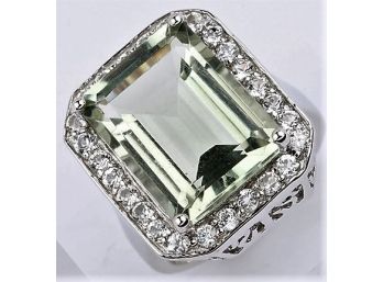 11.54 Carat Genuine Green Amethyst And White Topaz .925 Sterling Silver Ring